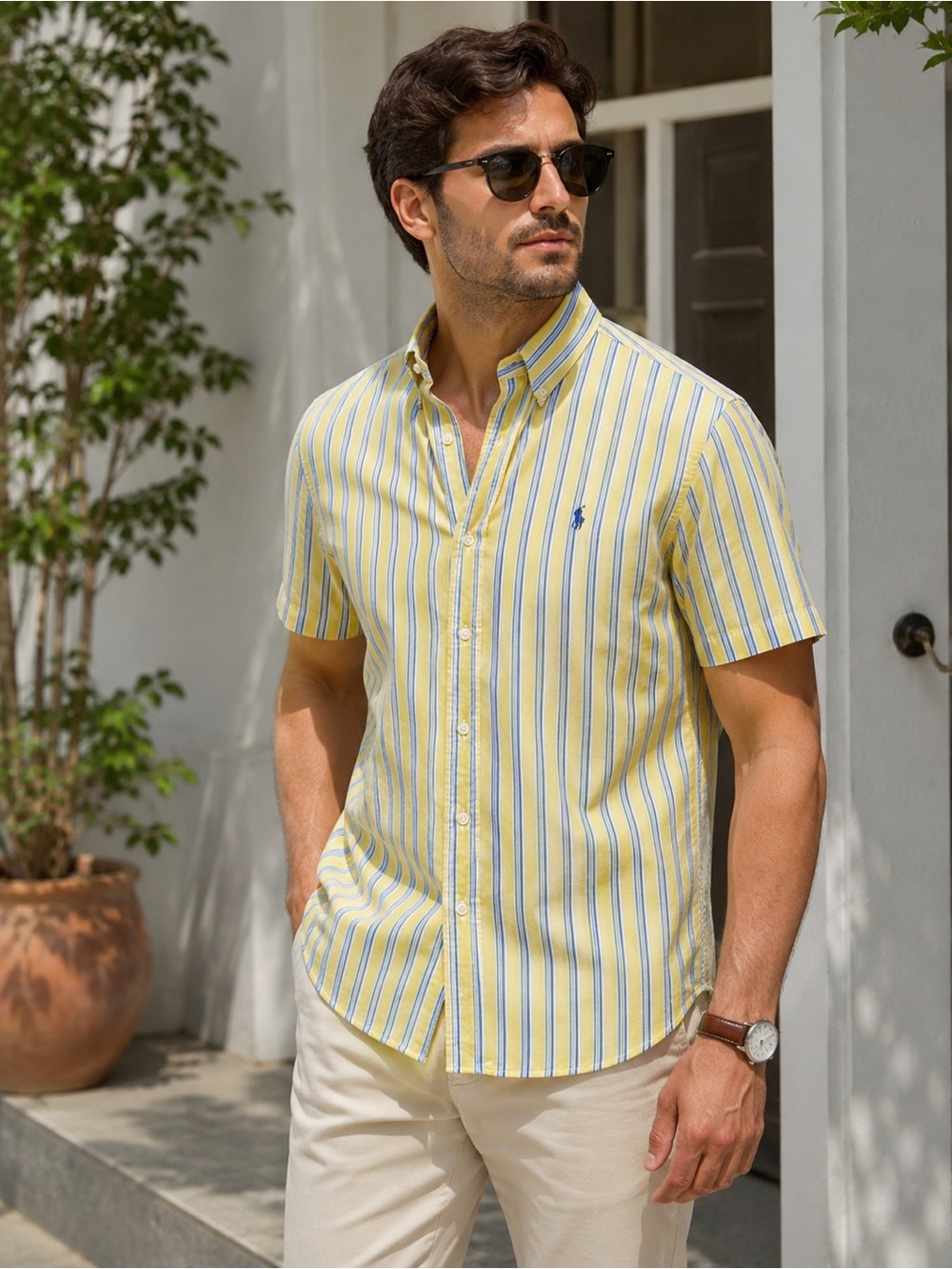 Ralph Lauren Yellow and Blue Striped Short-Sleeve Button-Down Shirt